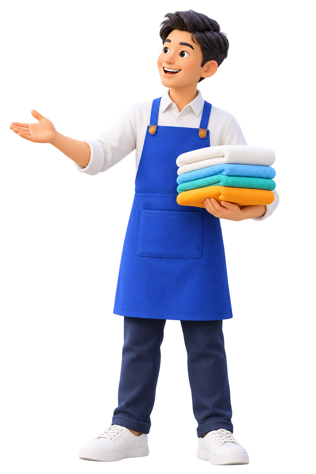 Petugas laundry dengan apron biru membawa cucian yang sudah dilipat